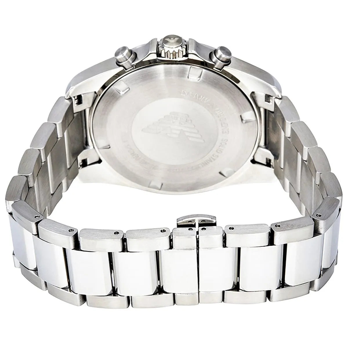 Emporio Armani AR6090 watch back showing stainless steel bracelet clasp detail
