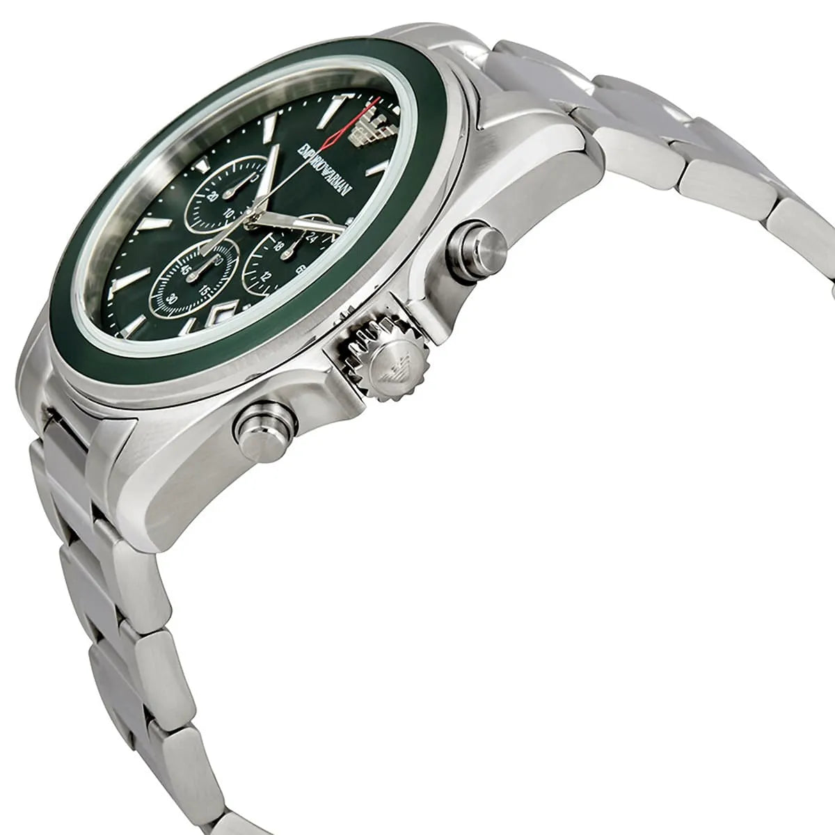 Emporio Armani AR6090 chronograph watch side profile showing case and strap