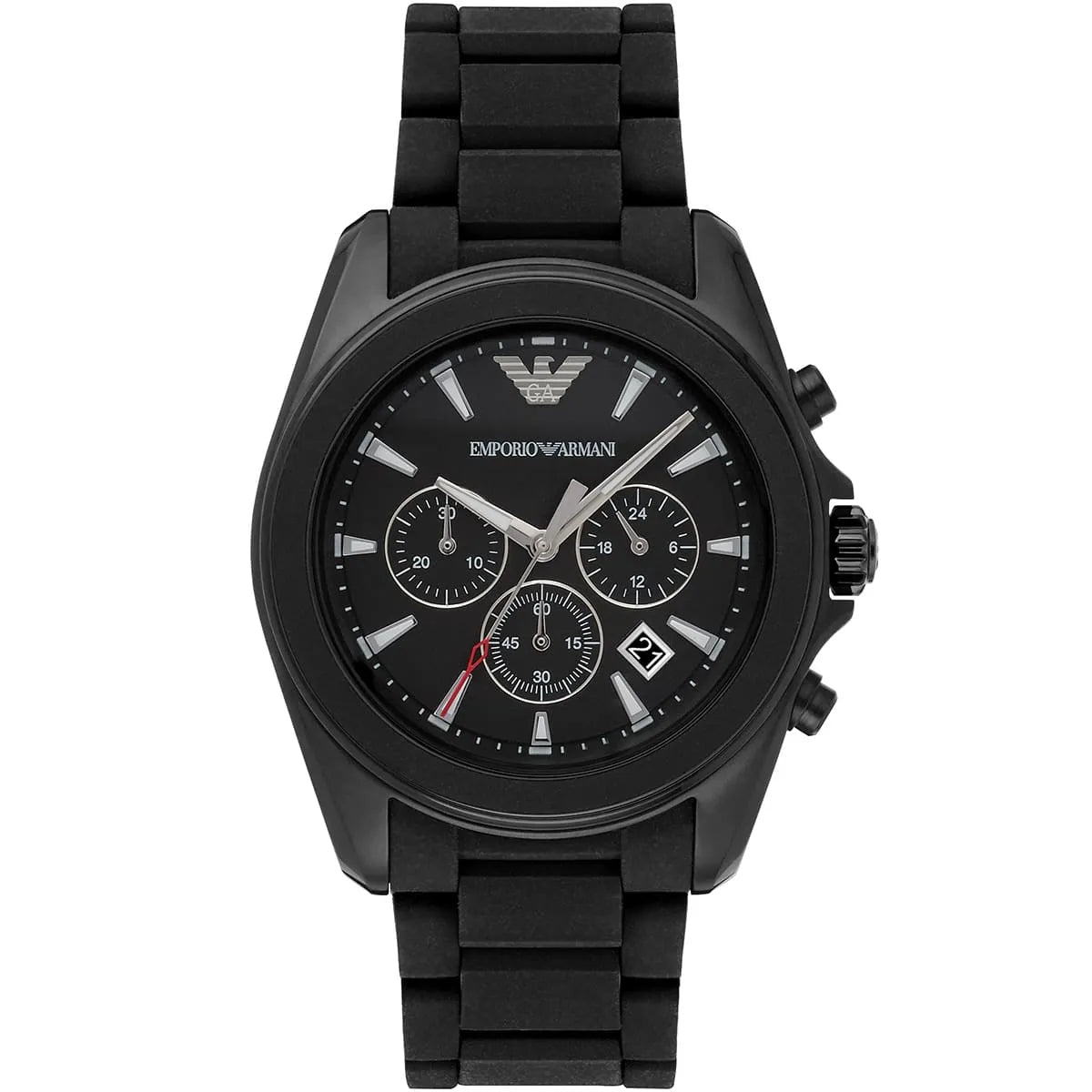 Emporio Armani Tazio Large chronograph watch with matte black dial and black silicone-wrapped stainless steel bracelet