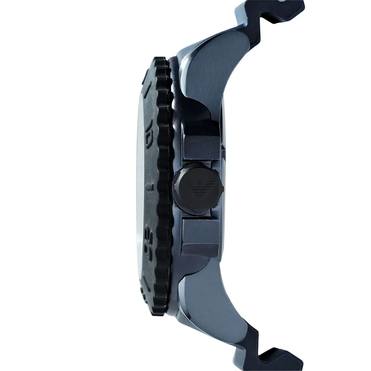 Side profile of Emporio Armani AR6100 dive watch showing case thickness and crown placement