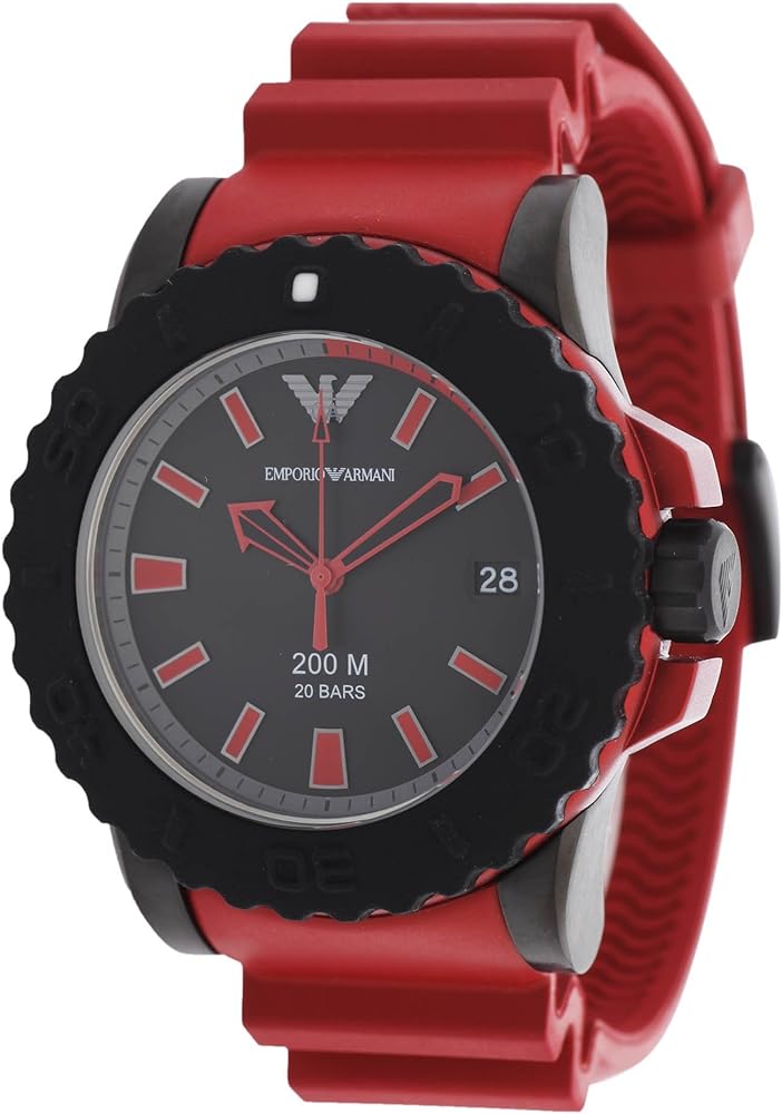 AR6101 Emporio Armani Sportivo watch at angle showing black case, red rubber strap, and date window