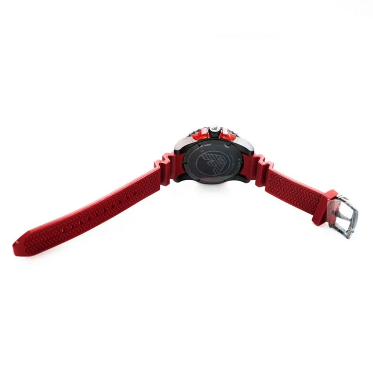 AR6101 Emporio Armani Sportivo on wrist showing red rubber strap and black dial with red accents