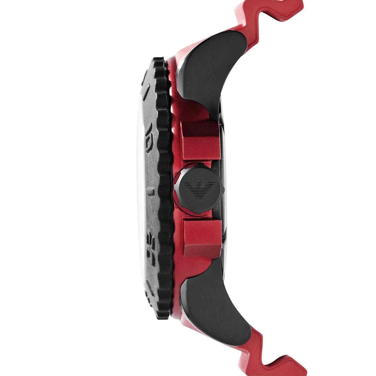 AR6101 Emporio Armani Sportivo side profile with red rubber strap and black rubber bezel