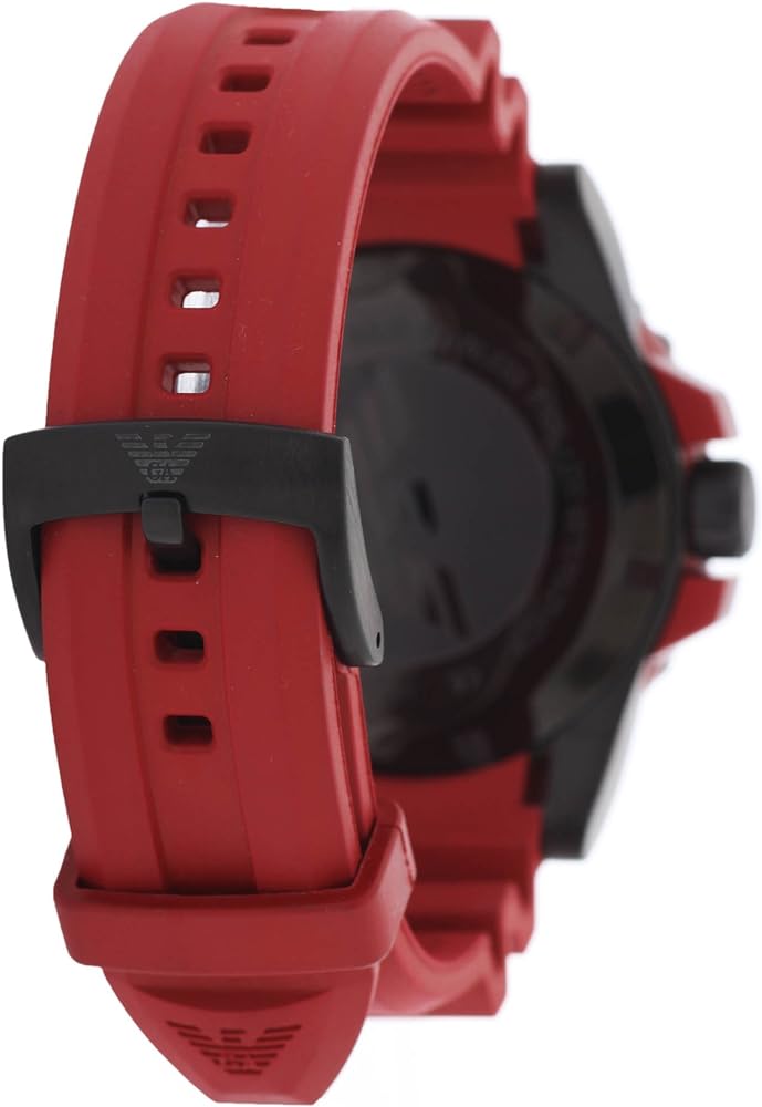 Side view of AR6101 Emporio Armani Sportivo watch displaying red rubber strap and black case profile