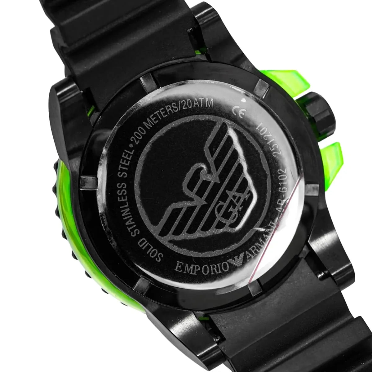AR6102 caseback closeup with Emporio Armani logo and 200 meters specification