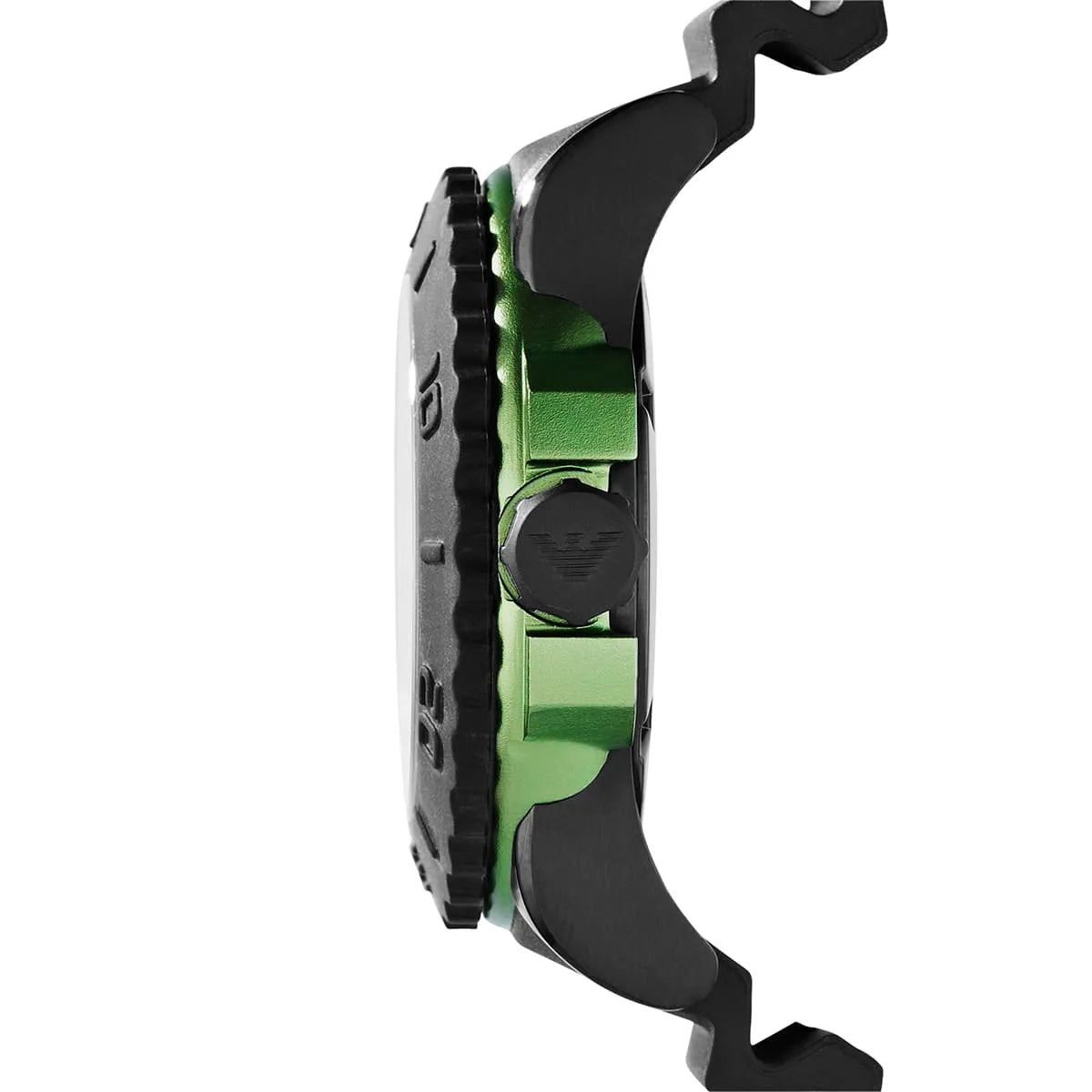 AR6102 side profile view showing black rubber strap and green accent elements