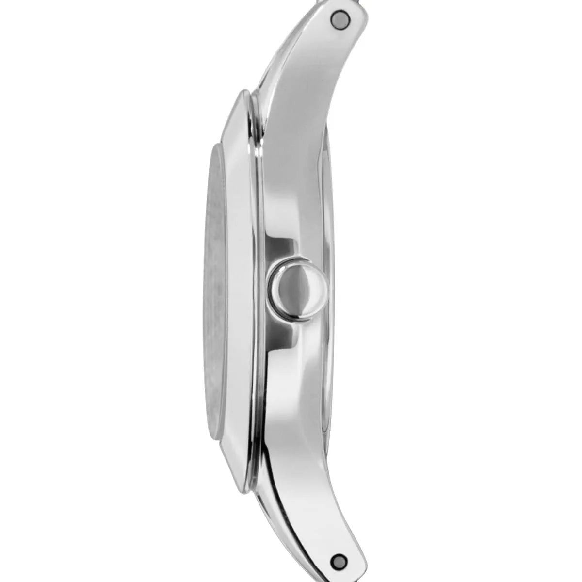 Side profile of Emporio Armani Chiara watch with silver stainless steel case and mesh strap