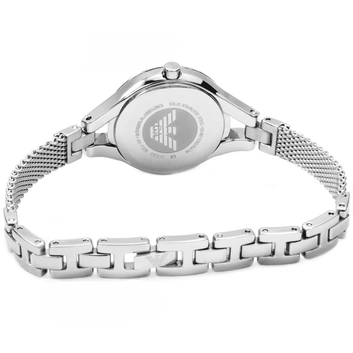 Emporio Armani Chiara bracelet detail showing silver link and mesh design