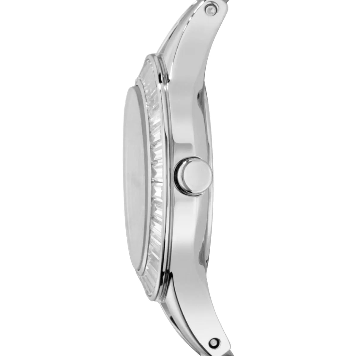 Angled view of case showing crystal bezel and crown detail