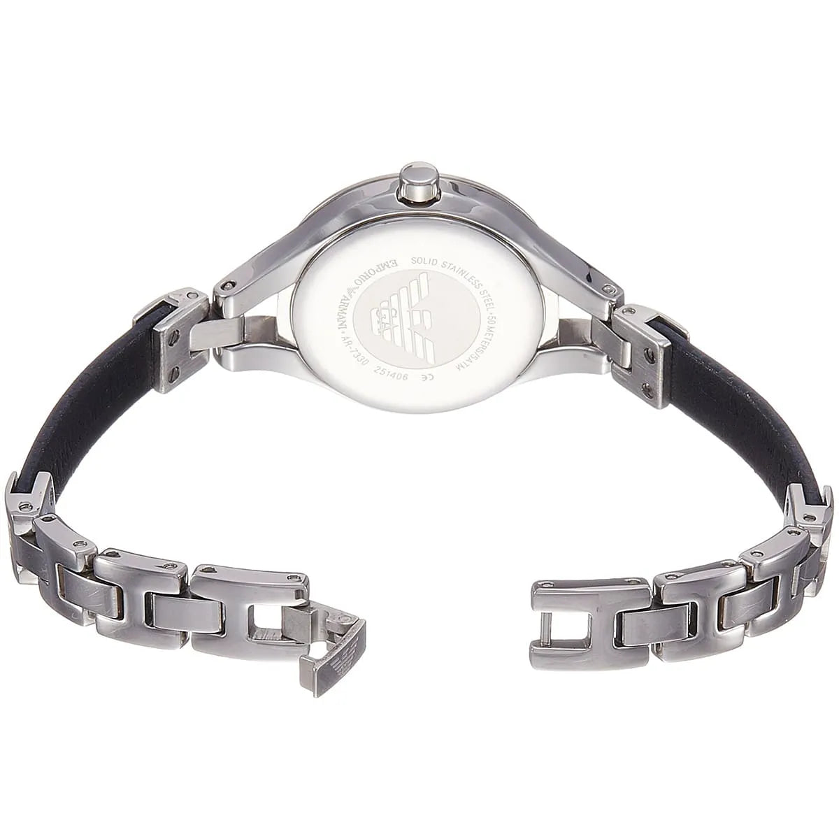 Watch caseback detail with engraved logo and strap connection
