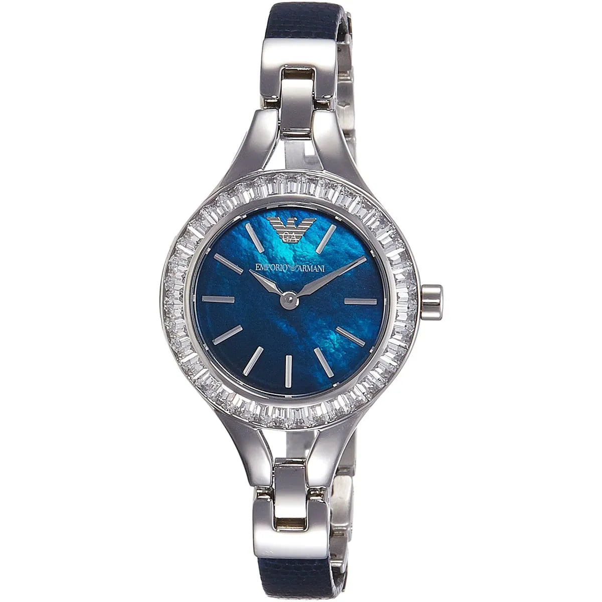Blue mother-of-pearl dial with applied hour markers and Emporio Armani logo