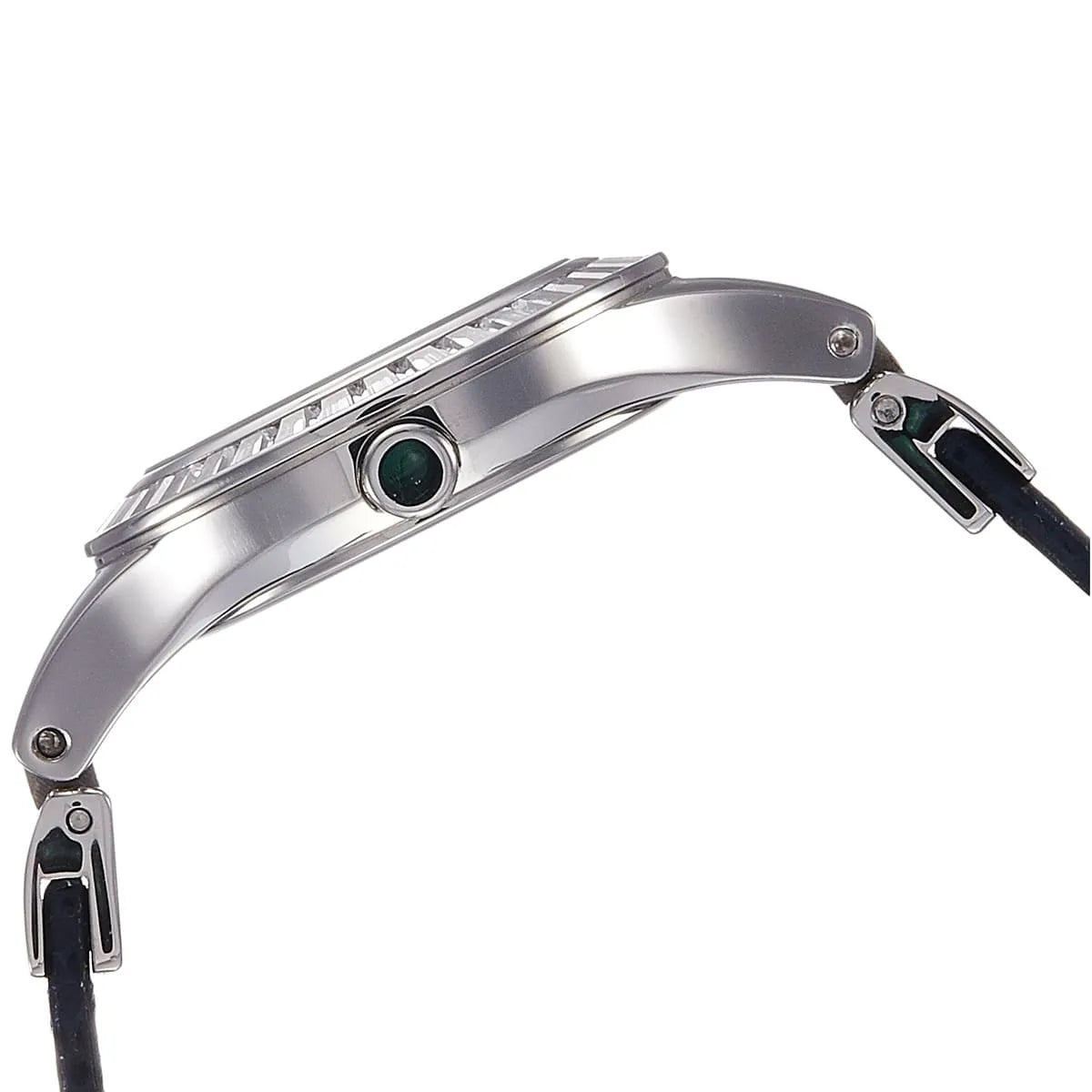 Side profile showing polished case with crystal-set bezel and strap