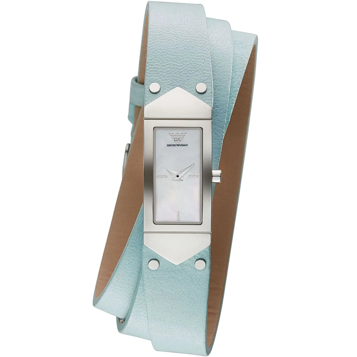 Emporio Armani Marco Catwalk women's watch with white rectangular dial and double-wrap blue leather strap
