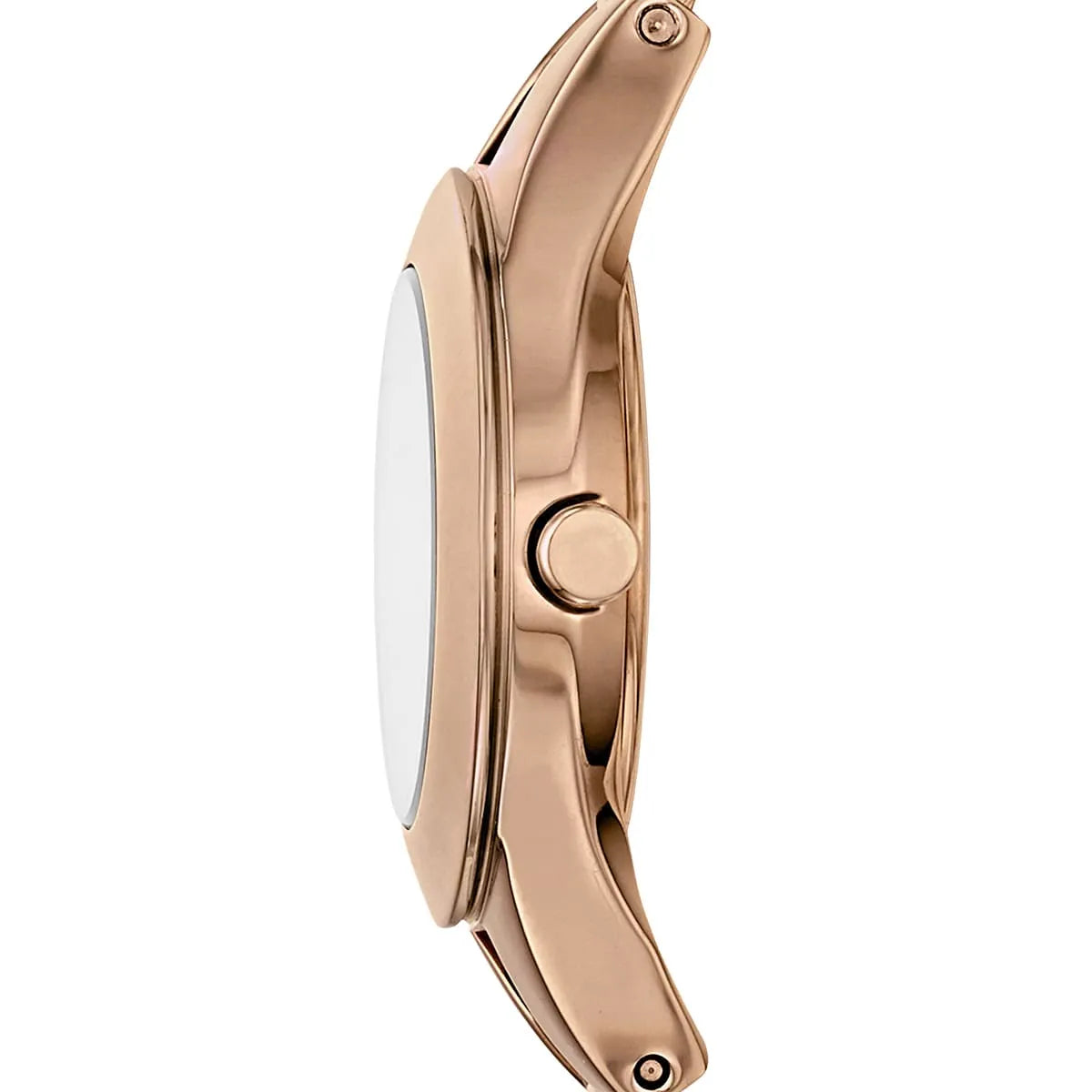 Angled side view of Emporio Armani Chiara watch with rose gold stainless steel case