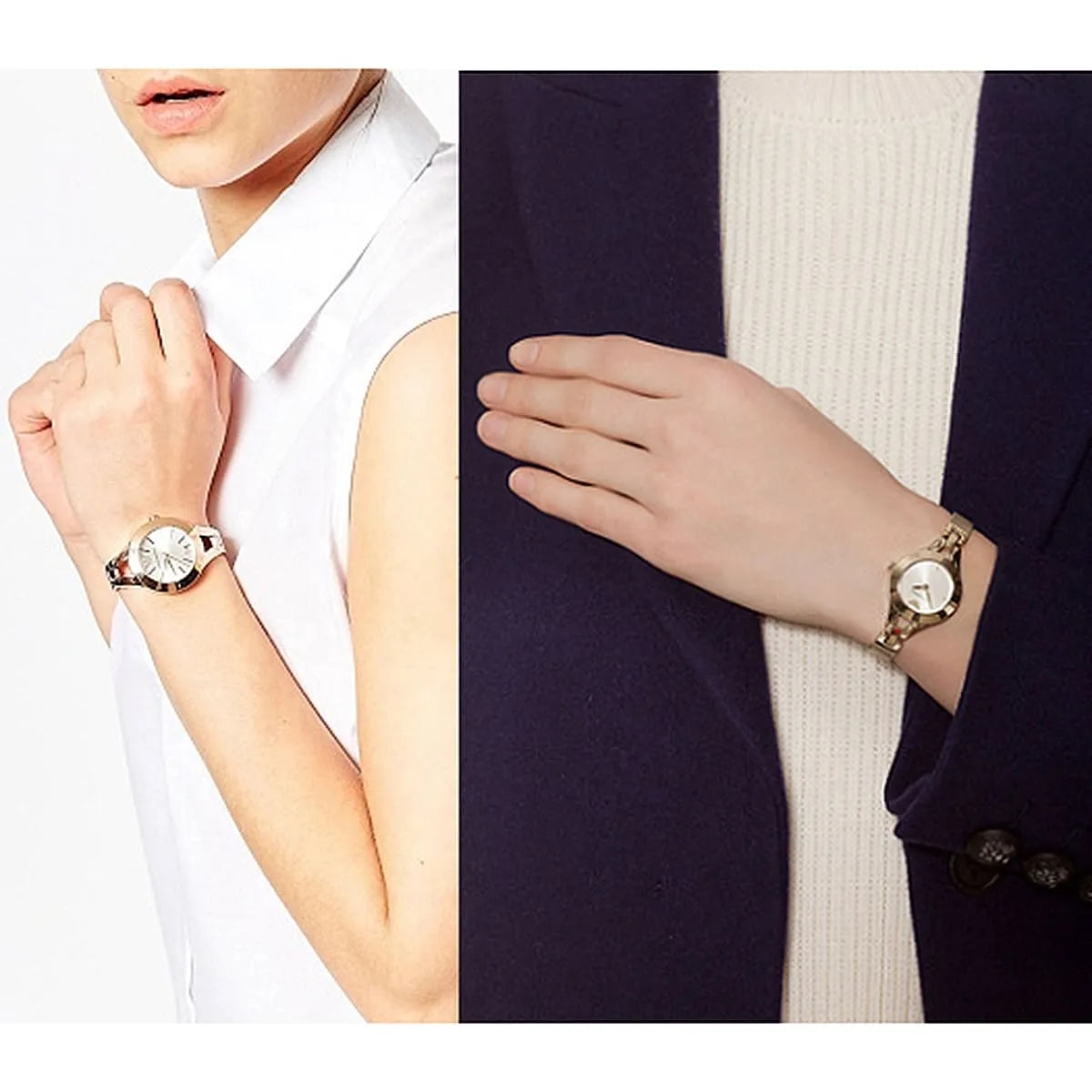 Emporio Armani Chiara watch worn on wrist, showing silver dial and rose gold strap