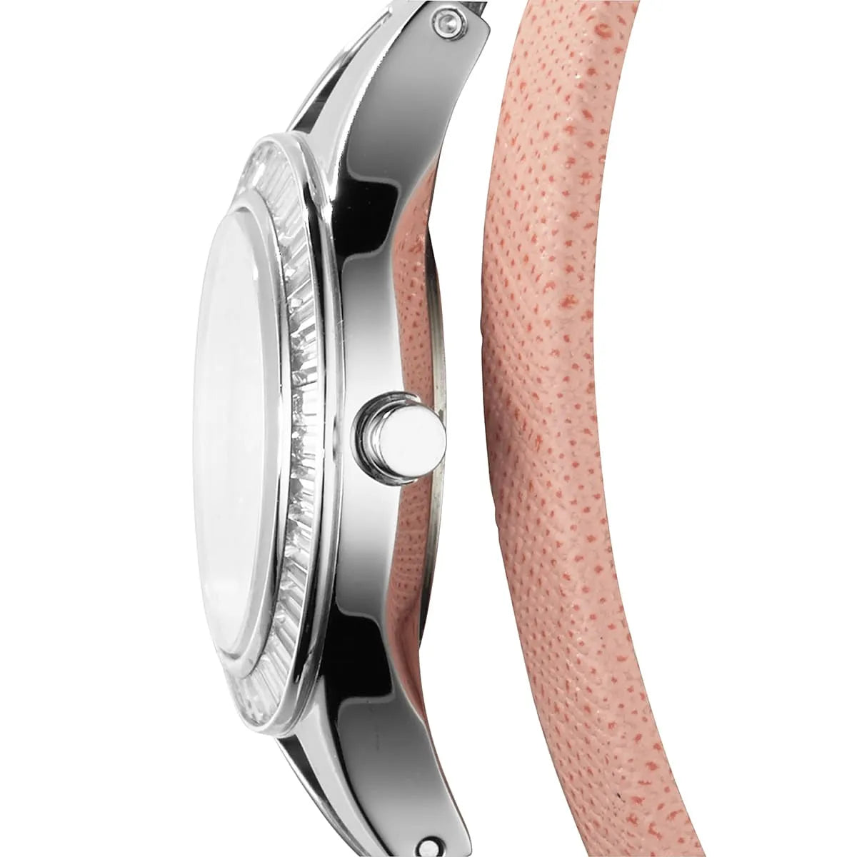 Side view of Emporio Armani Chiara watch showing silver case and pink leather strap