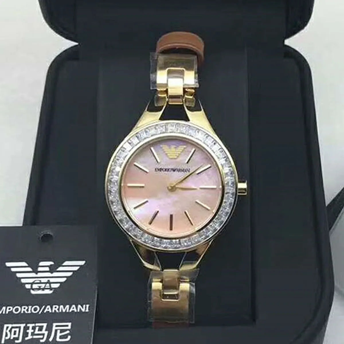Emporio Armani Chiara watch displayed in open black presentation box with certificate