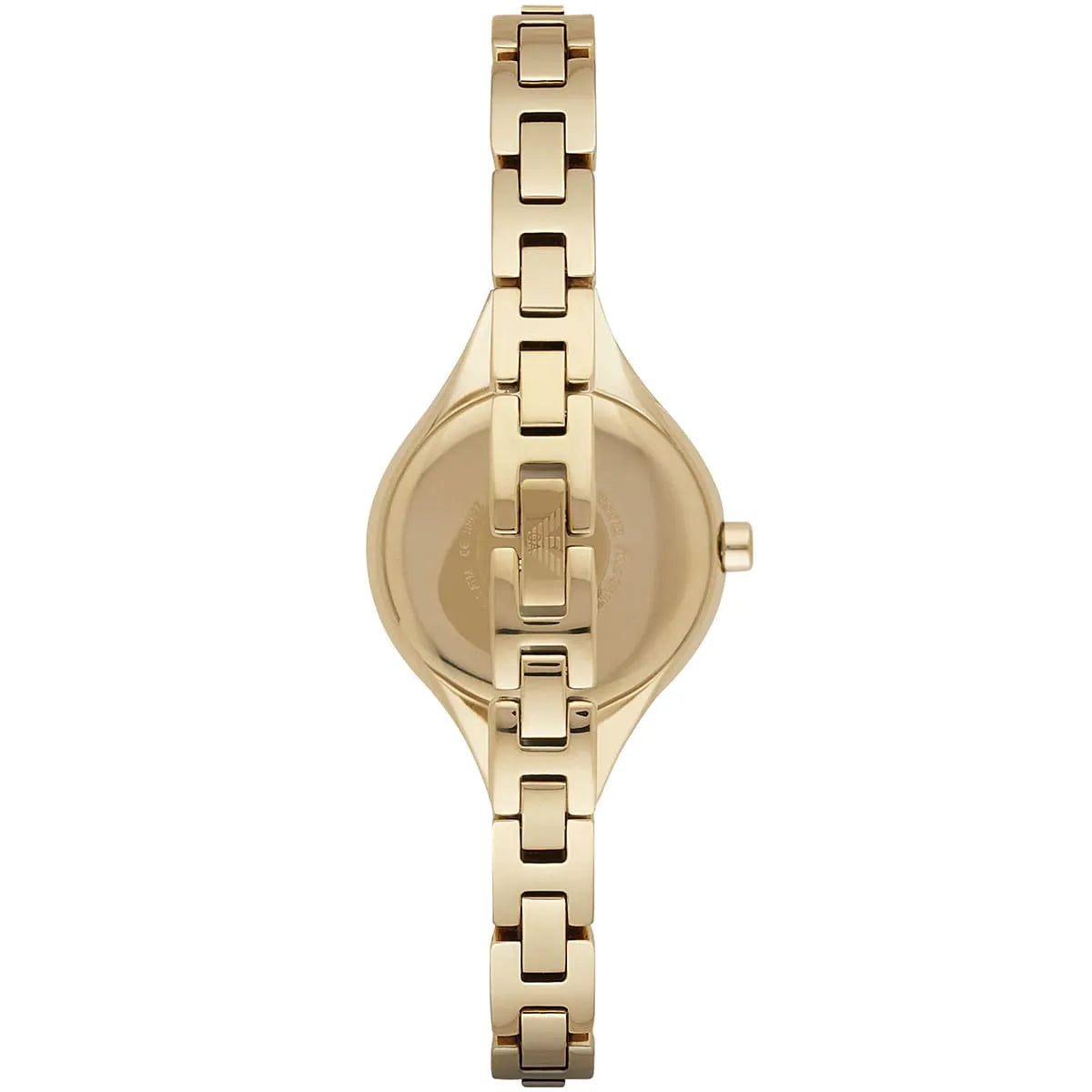 Caseback of Emporio Armani Chiara watch showing gold-tone stainless steel case