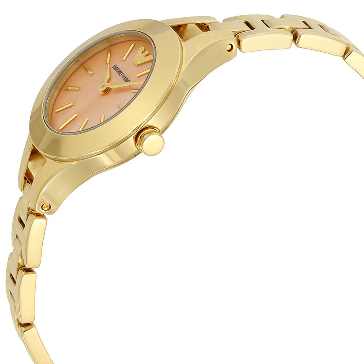 Side profile of Emporio Armani Chiara watch with pink dial and gold metal strap