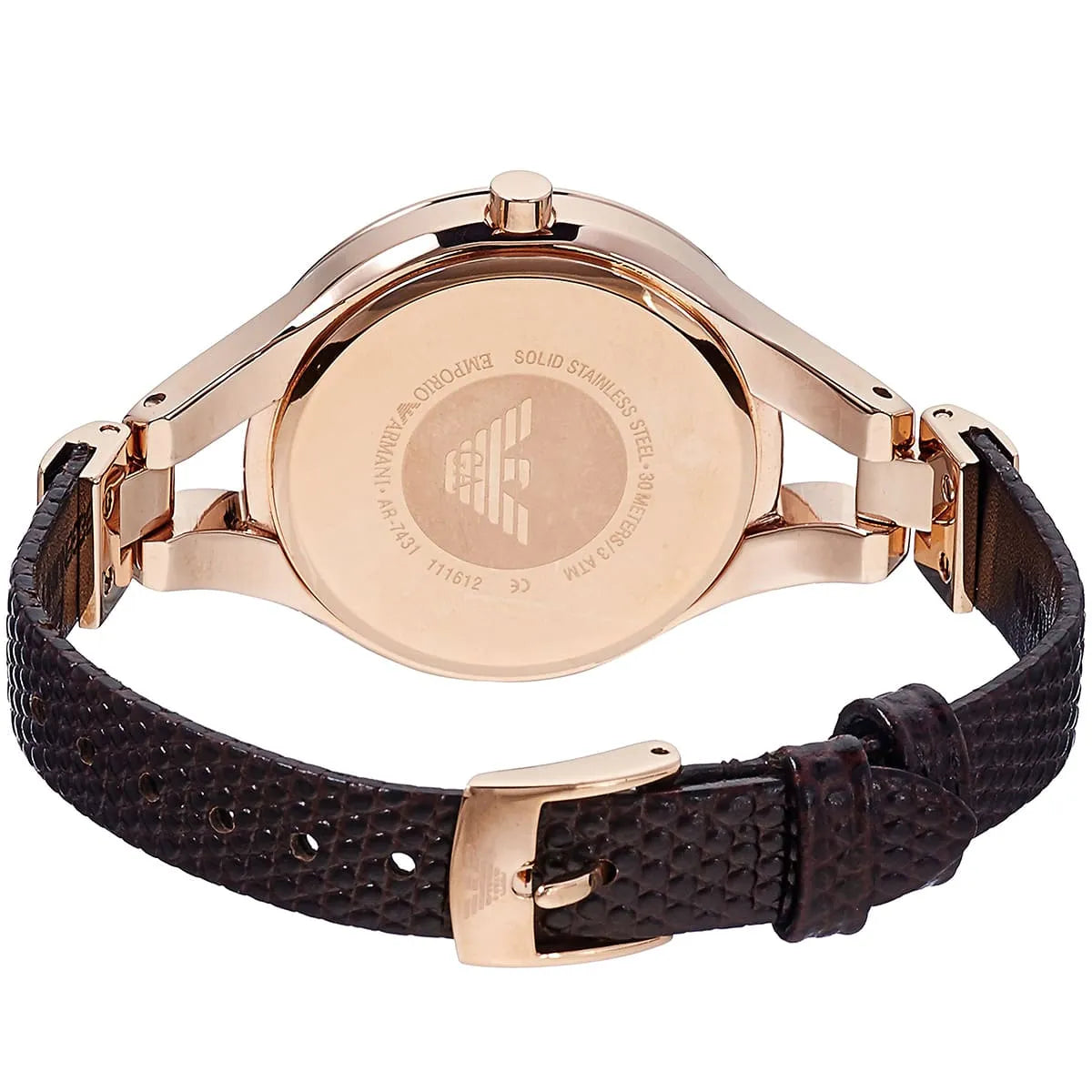 Emporio Armani AR7431 watch case and strap construction detail showing rose gold metal