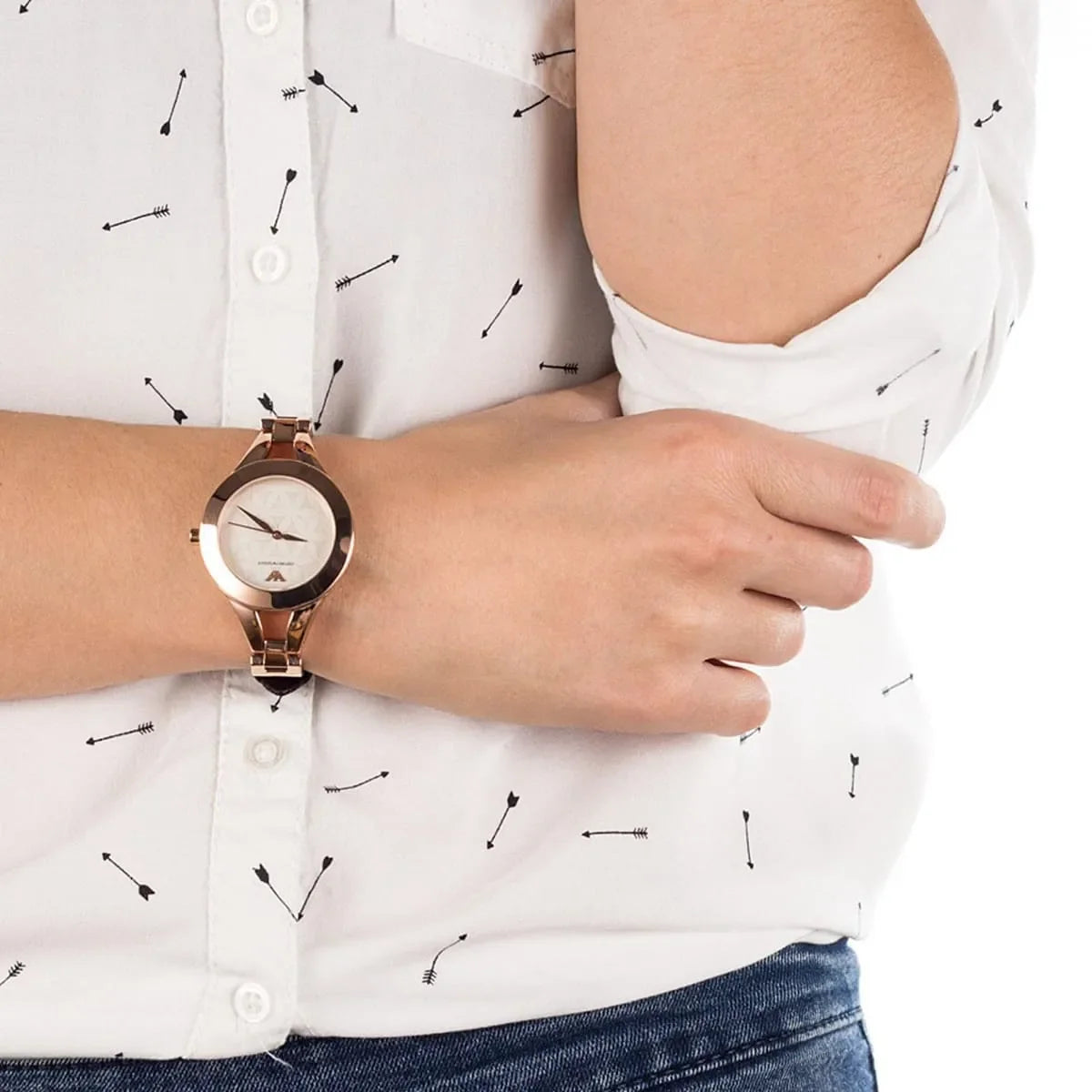 Emporio Armani AR7431 watch styled on wrist showing rose gold case and leather strap