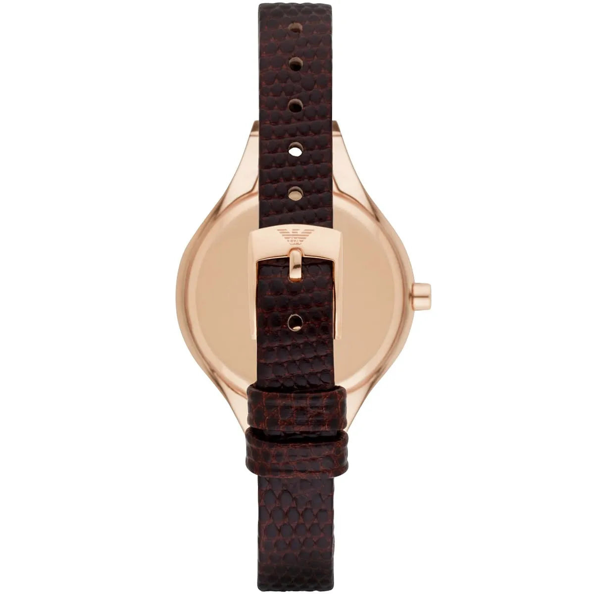 Emporio Armani AR7431 watch caseback showing rose gold stainless steel design