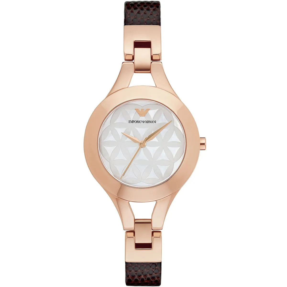 Emporio Armani AR7431 rose gold women's watch with patterned silver dial and brown leather strap