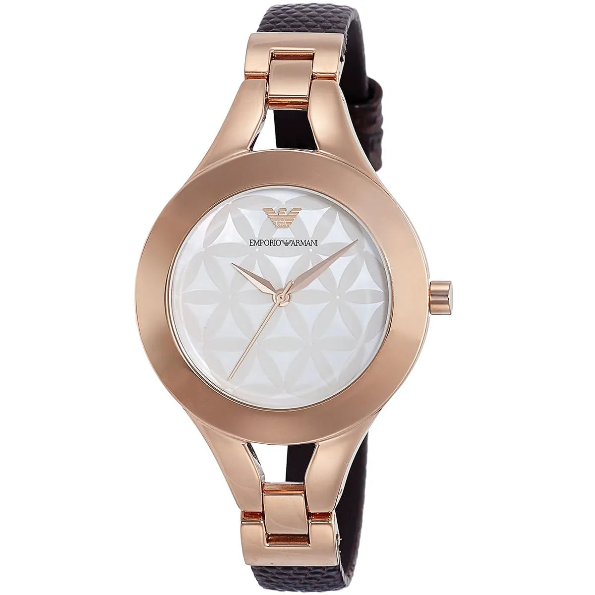 Emporio Armani AR7431 watch side view showing rose gold case and brown leather strap detail