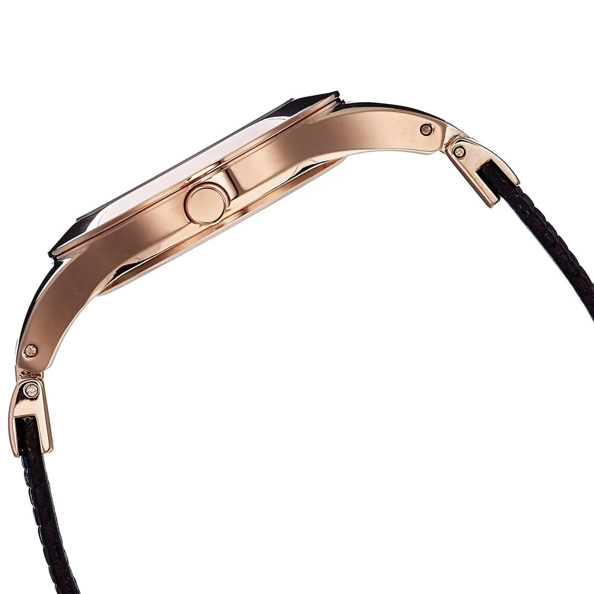 Emporio Armani AR7431 watch side profile displaying case thickness and brown leather strap