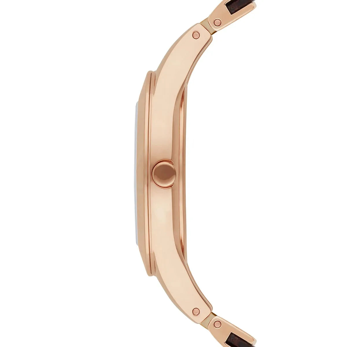 Emporio Armani AR7431 women's watch side view with rose gold case and black strap detail