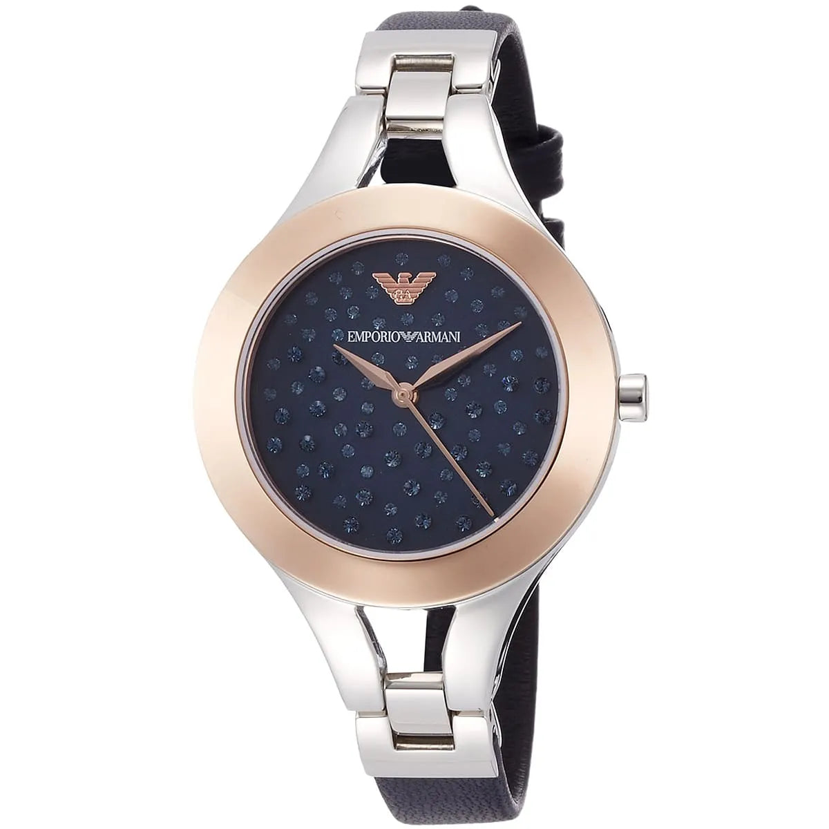 Emporio Armani Chiara watch three-quarter view showing steel bracelet and leather strap