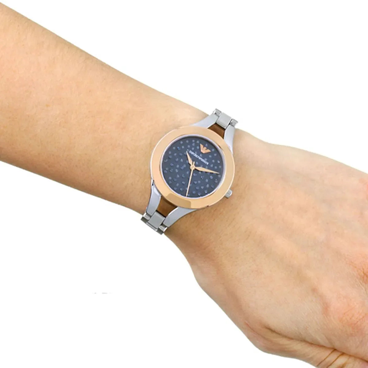 Emporio Armani Chiara women's watch worn on wrist showing rose gold and steel design