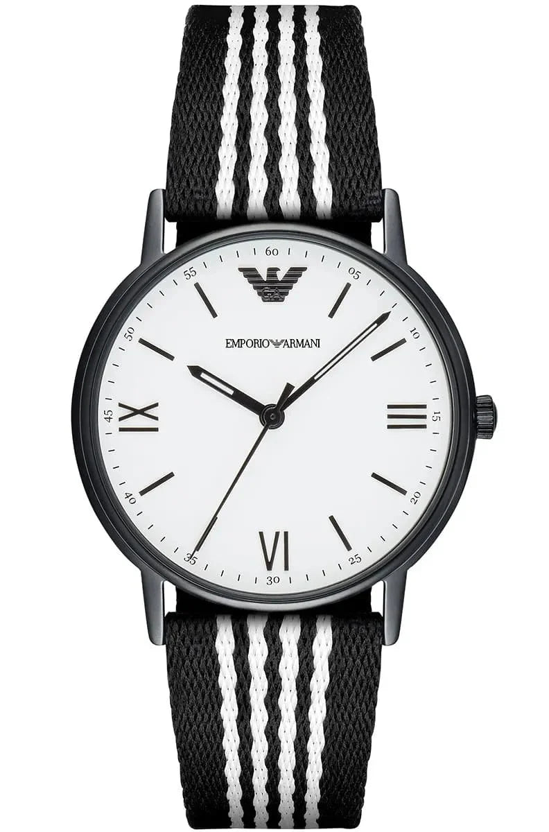 Emporio Armani Kappa men's watch with white dial, Roman numerals, black case, and black and white striped nylon strap