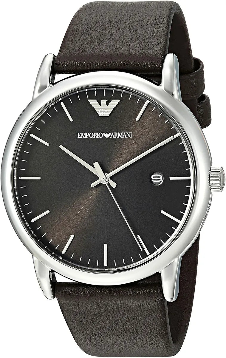 Emporio Armani Silver Tone Black Dial Brown Leather Strap Men's Watch - AR80008