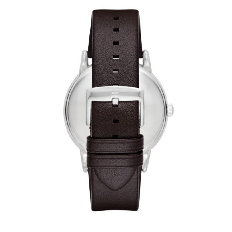 Emporio Armani Silver Tone Black Dial Brown Leather Strap Men's Watch - AR80008