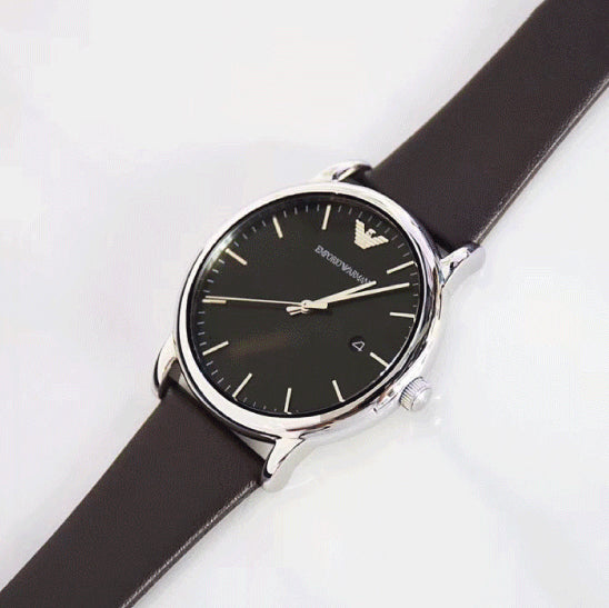 Emporio Armani Silver Tone Black Dial Brown Leather Strap Men's Watch - AR80008