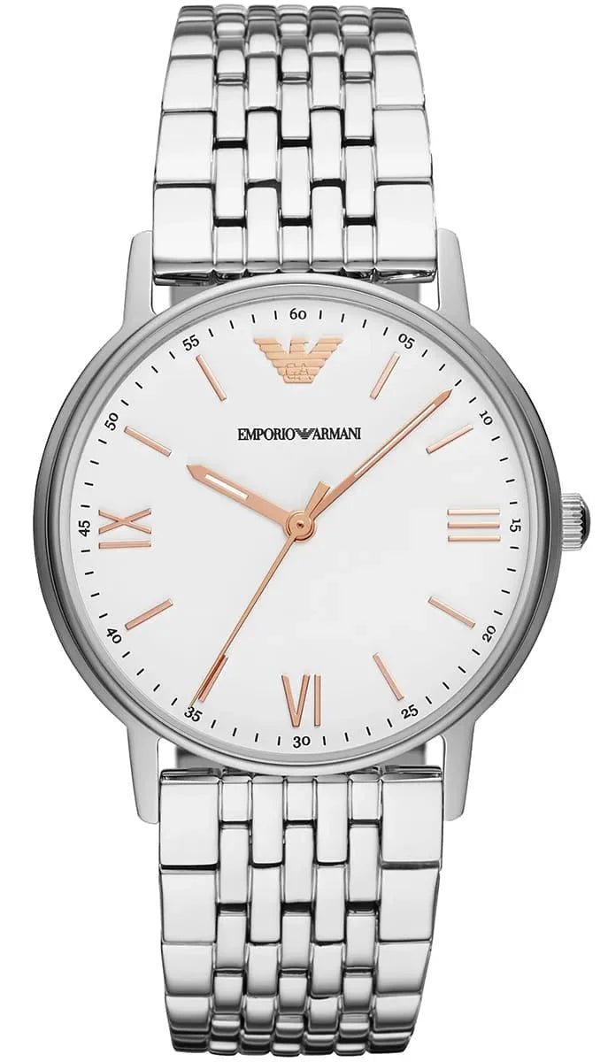 Emporio Armani Kappa white dial watch with silver stainless steel bracelet and rose gold accents
