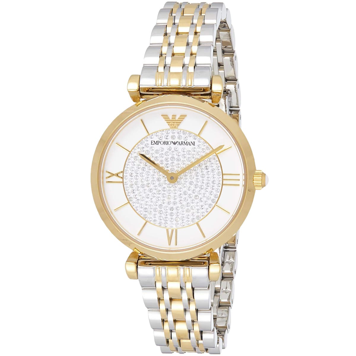 Emporio Armani Gianni T-Bar watch angled view white dial two-tone metal strap