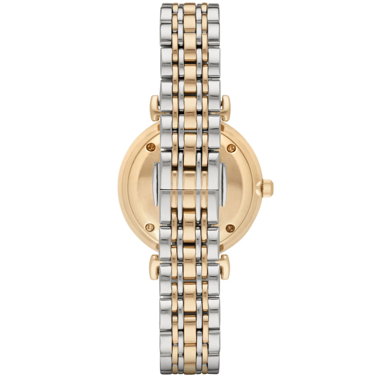 Emporio Armani Gianni T-Bar watch caseback view gold and silver two-tone steel strap