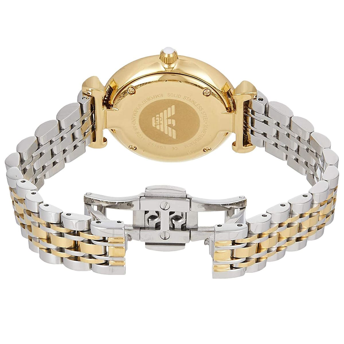 Emporio Armani Gianni T-Bar watch caseback and strap detail gold silver two-tone