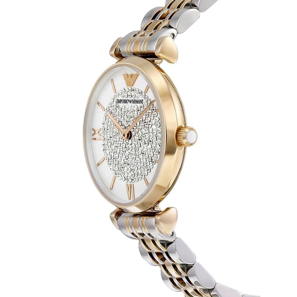 Emporio Armani Gianni T-Bar watch side view gold case white dial Roman numerals