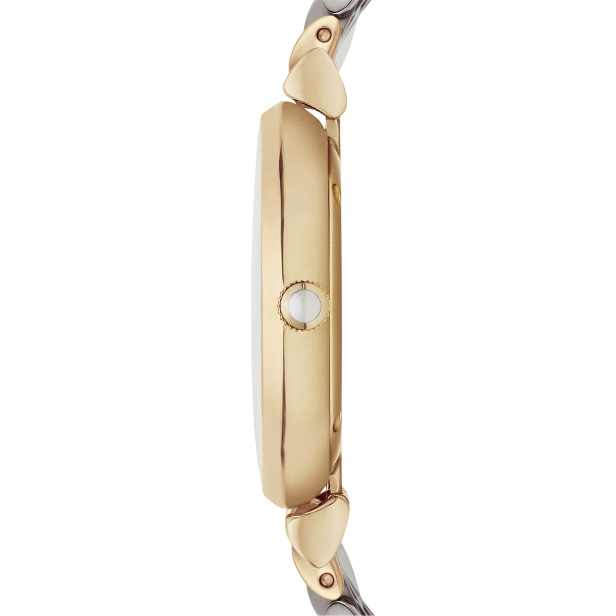 Emporio Armani Gianni T-Bar watch side profile gold plated case white mother-of-pearl dial