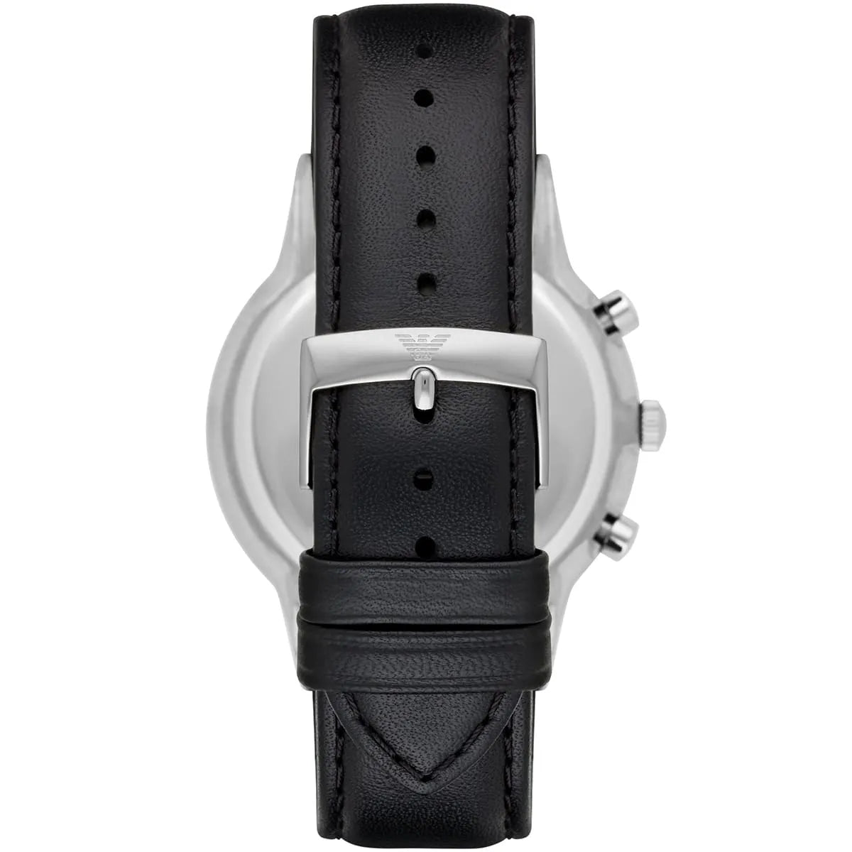 Back view of Emporio Armani Renato AR8034 showing stainless steel case and black leather strap