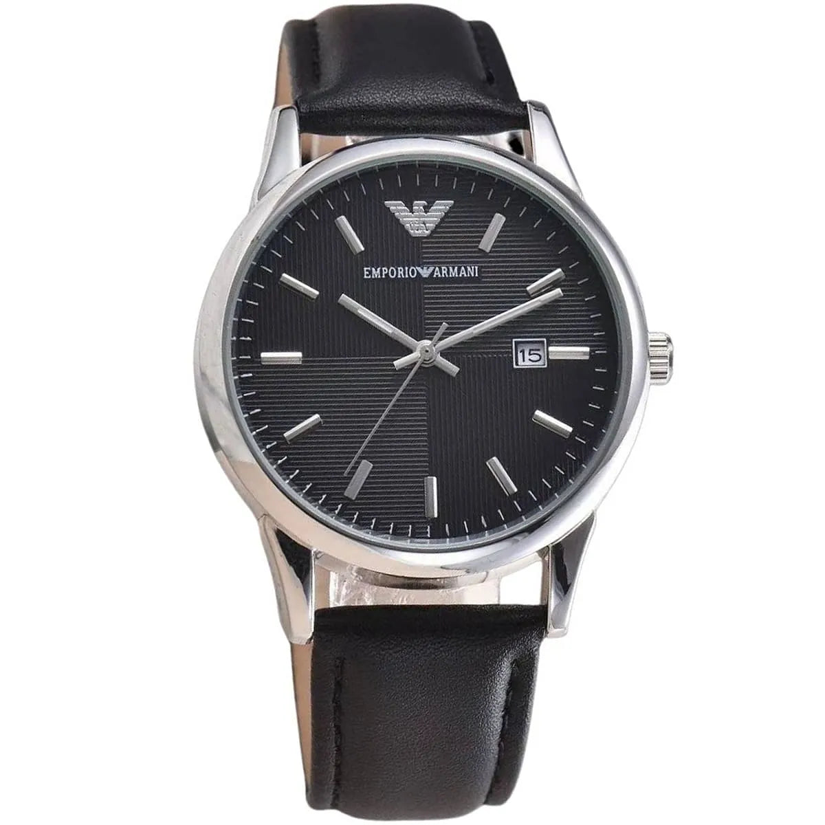 Three-quarter view of Emporio Armani Renato watch showing silver case and black dial