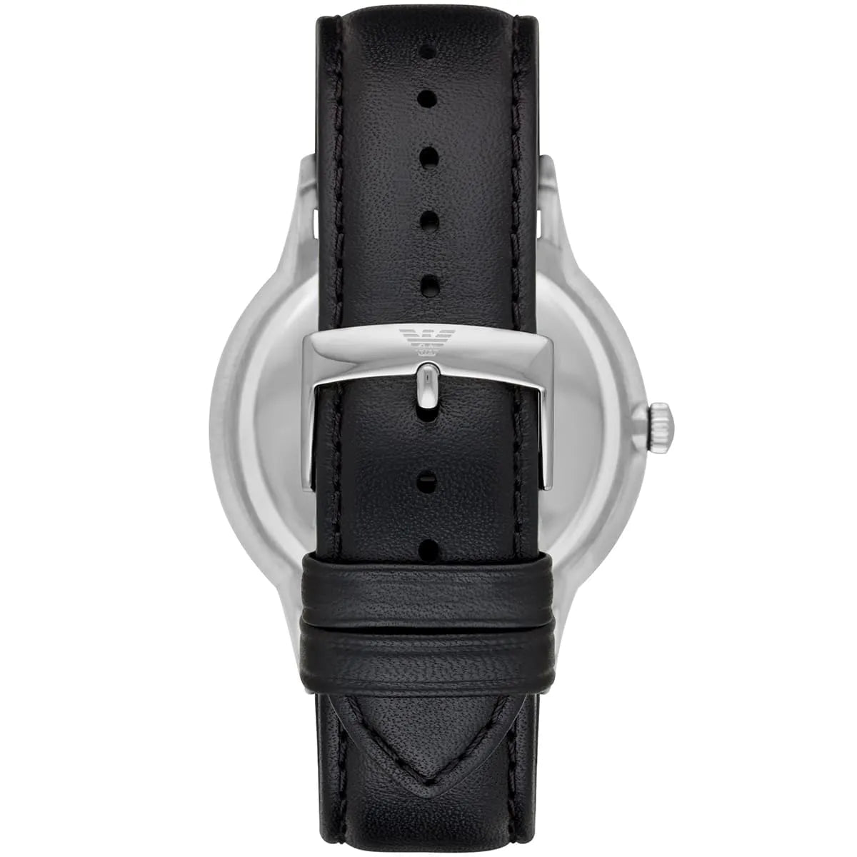 Back view of Emporio Armani Renato watch showing silver case back and black leather strap with buckle