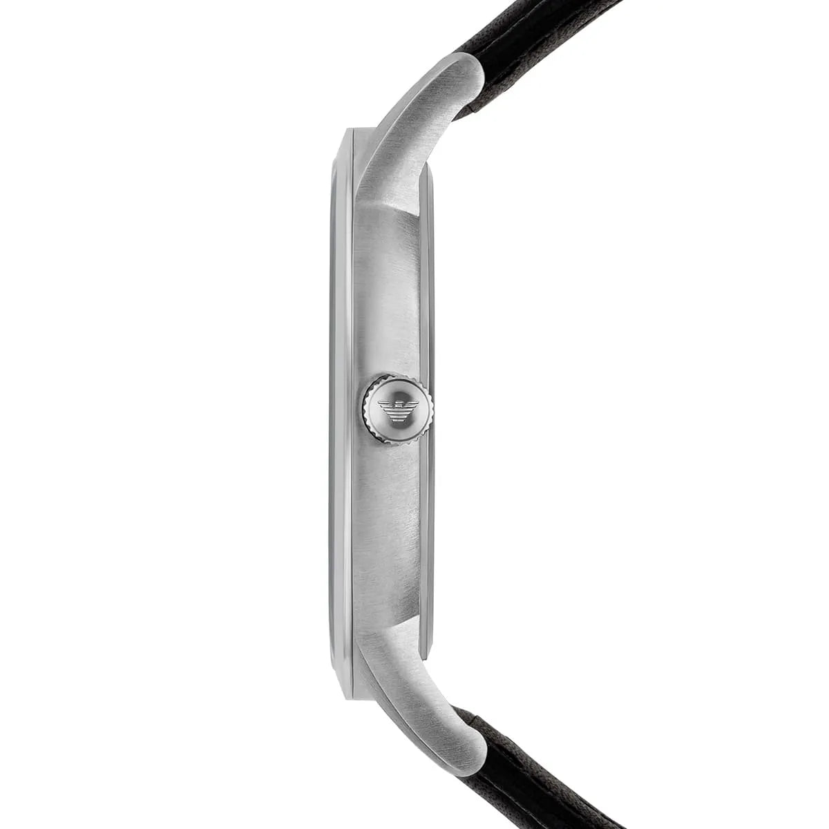 Side profile of Emporio Armani Renato watch with black leather strap