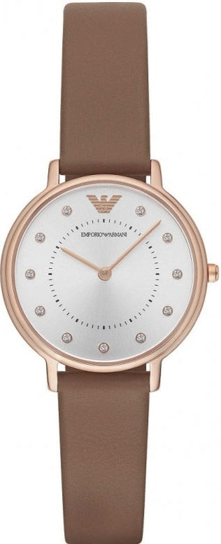Emporio Armani Classic Analog Silver Dial Brown Leather Strap Women Watch - AR8040