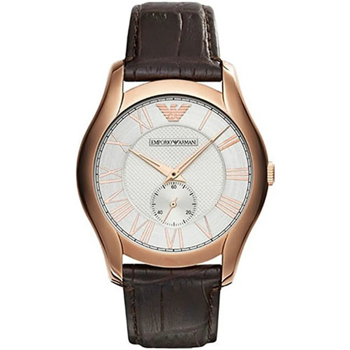 Emporio Armani AR9035 watch with white dial and brown leather strap, rose gold case