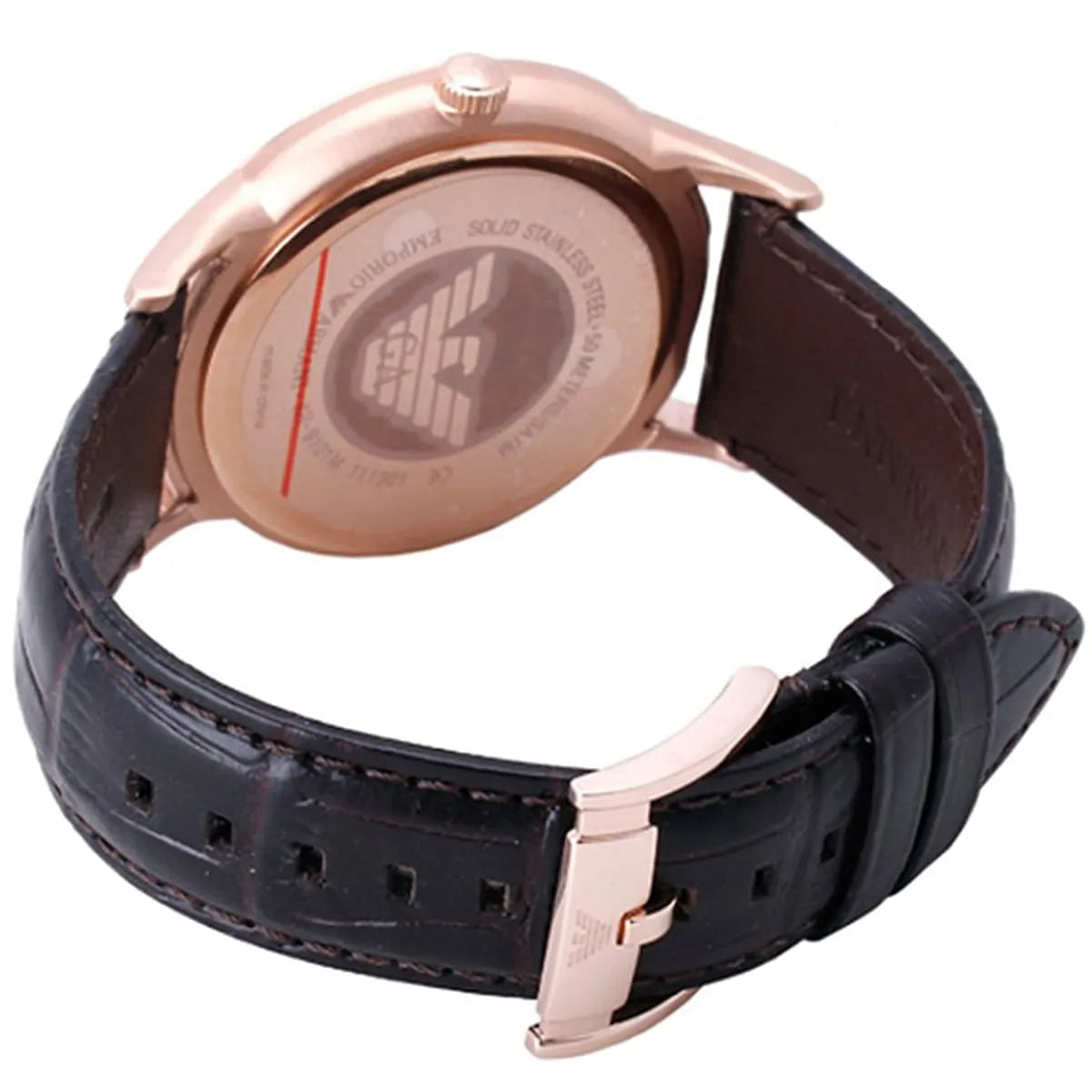 Three-quarter view of AR9101L watch showing rose gold case and leather strap