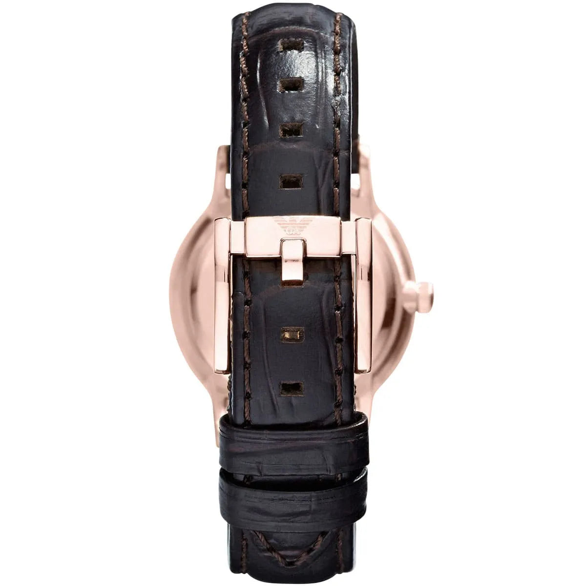 AR9101L watch caseback showing rose gold case and black leather strap